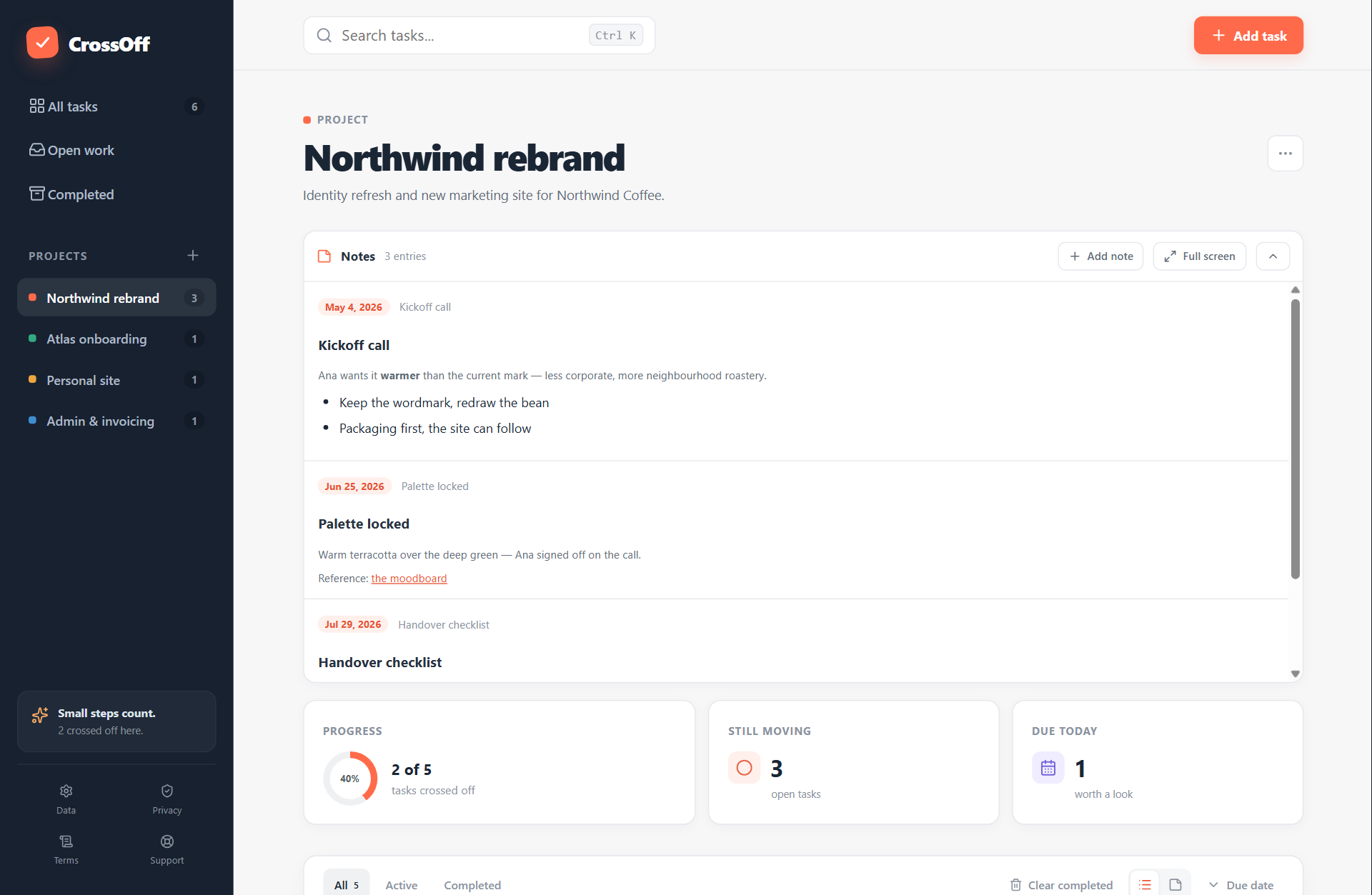 A CrossOff project with its notes panel open, showing three dated entries — a kickoff call, a decision about the colour palette, and a handover checklist — with headings, bullets and links